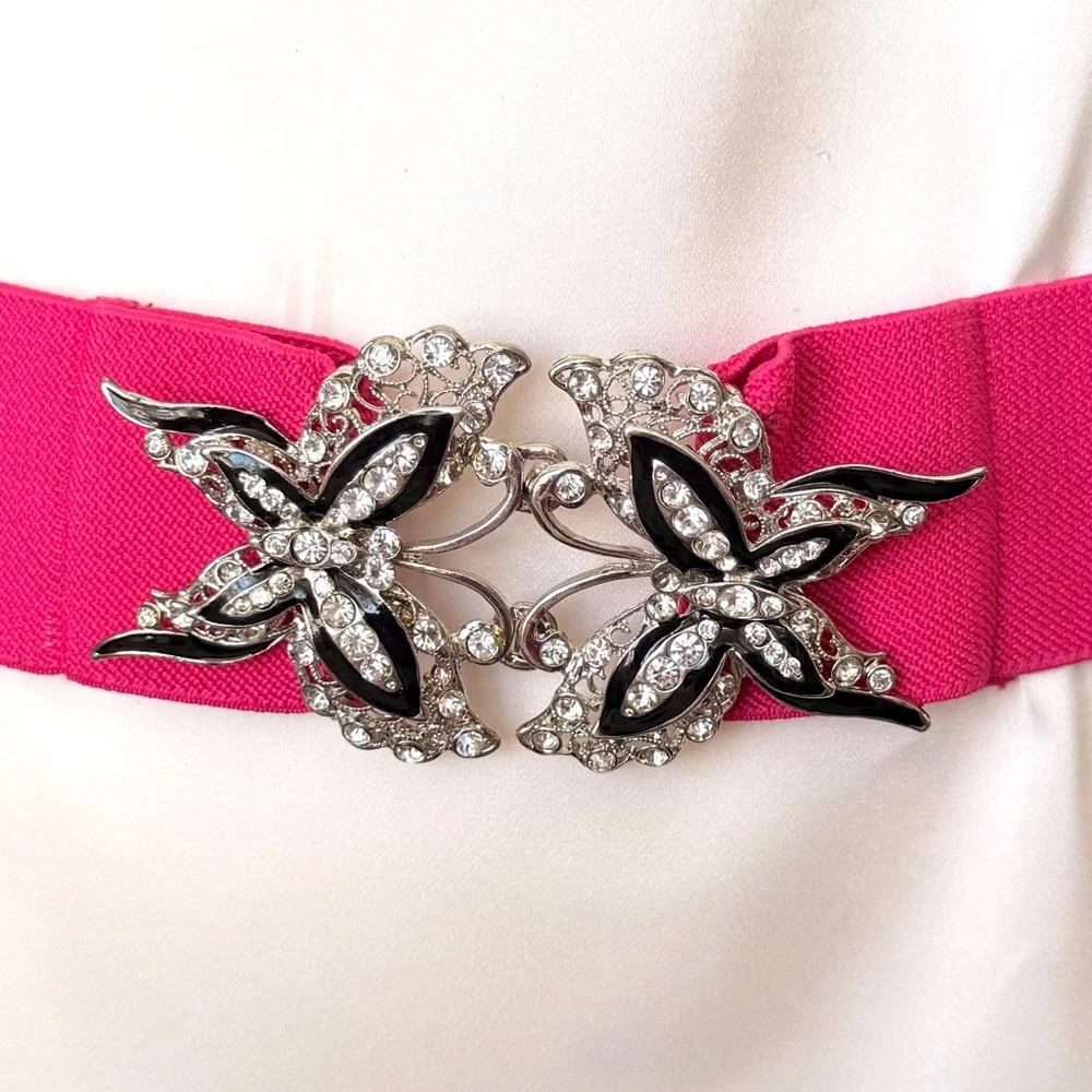 Vintage Pink Stretch Belt with Butterfly Buckle